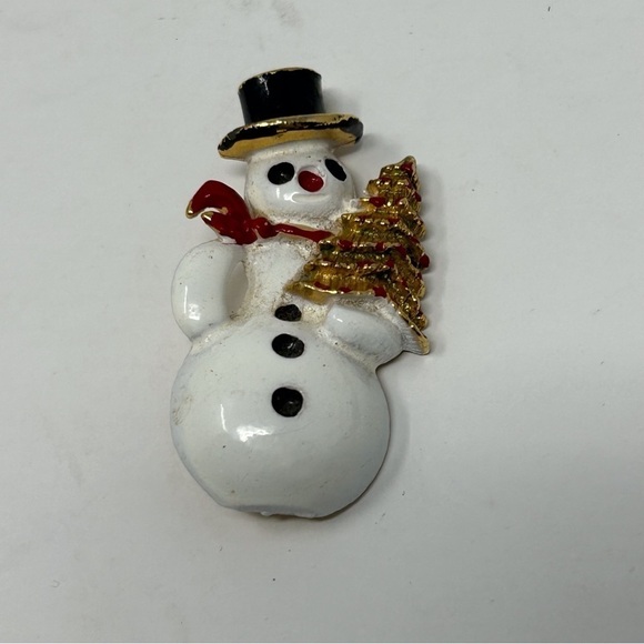 Vintage Enamel Snowman with Top Hat Brooch Winter Snow Christmas Holidays - Picture 2 of 5